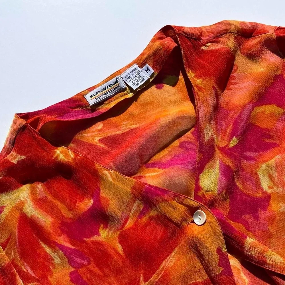 Vintage Sun Streak Orange Sheer Floral Swim Coverup Womens Medium Beach Vacation